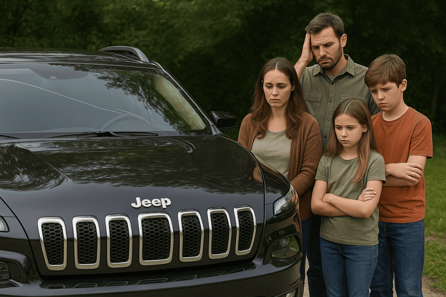 A family of four standing next to a black Jeep Cherokee with a large cracked windshield, looking concerned about the visible damage.