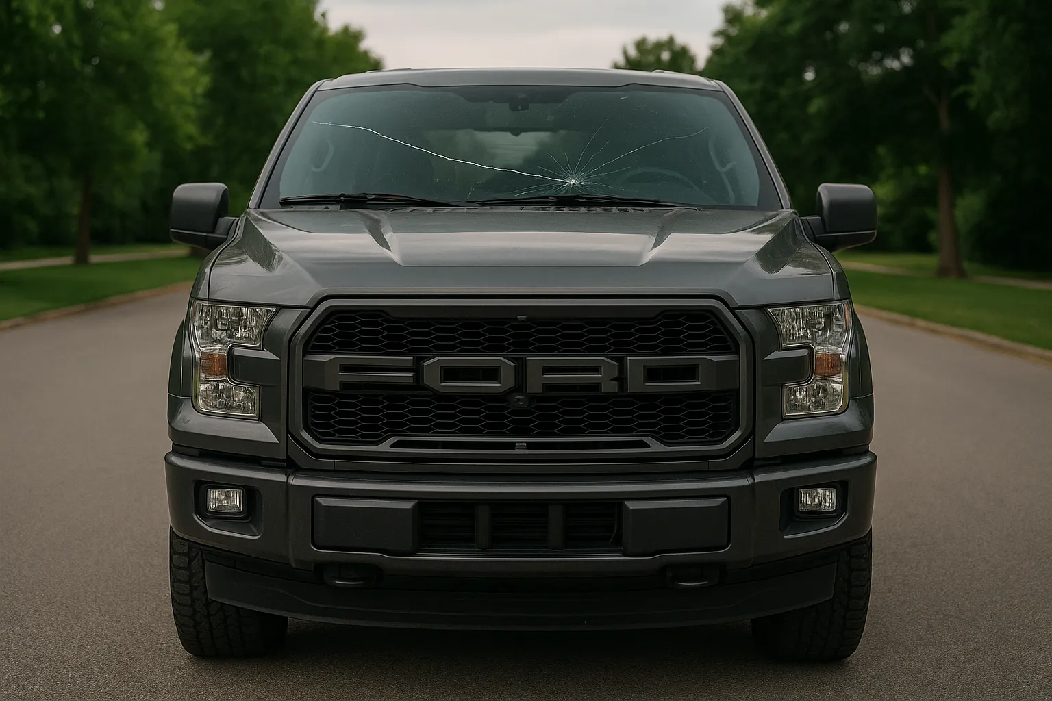 A dark gray Ford F-150 with a long crack across the windshield, parked on a quiet suburban street with trees in the background, showing visible damage in need of repair.